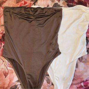 SHEIN Brown and White Tube Tops Body Suits Ruched Sides